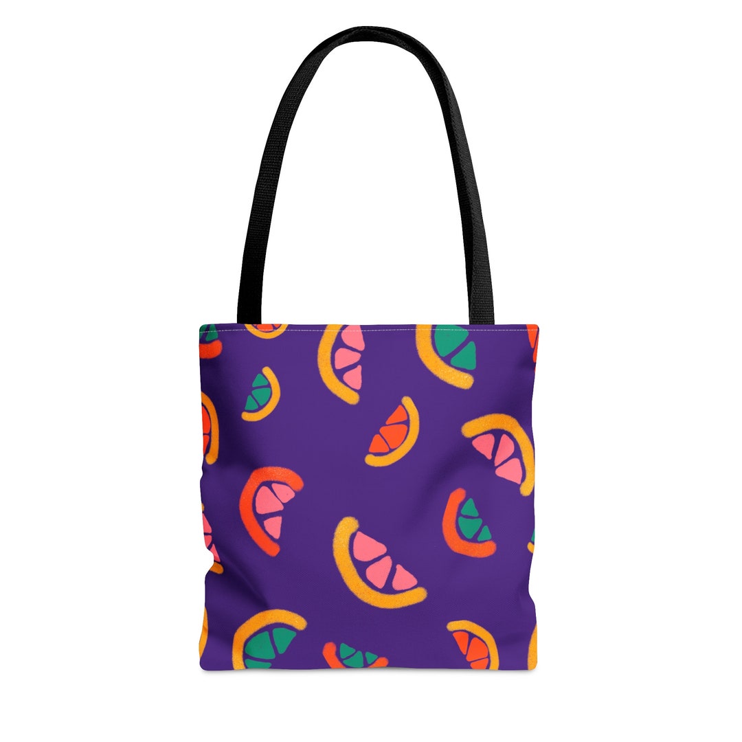 Purple Tropical Fruits Tote Bag, Fruit Print, Durable Tote Bags, All