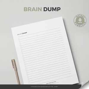 May include: A printable brain dump checklist with the title "Brain Dump" and a line for each item. The checklist is on a white background with a gray border.