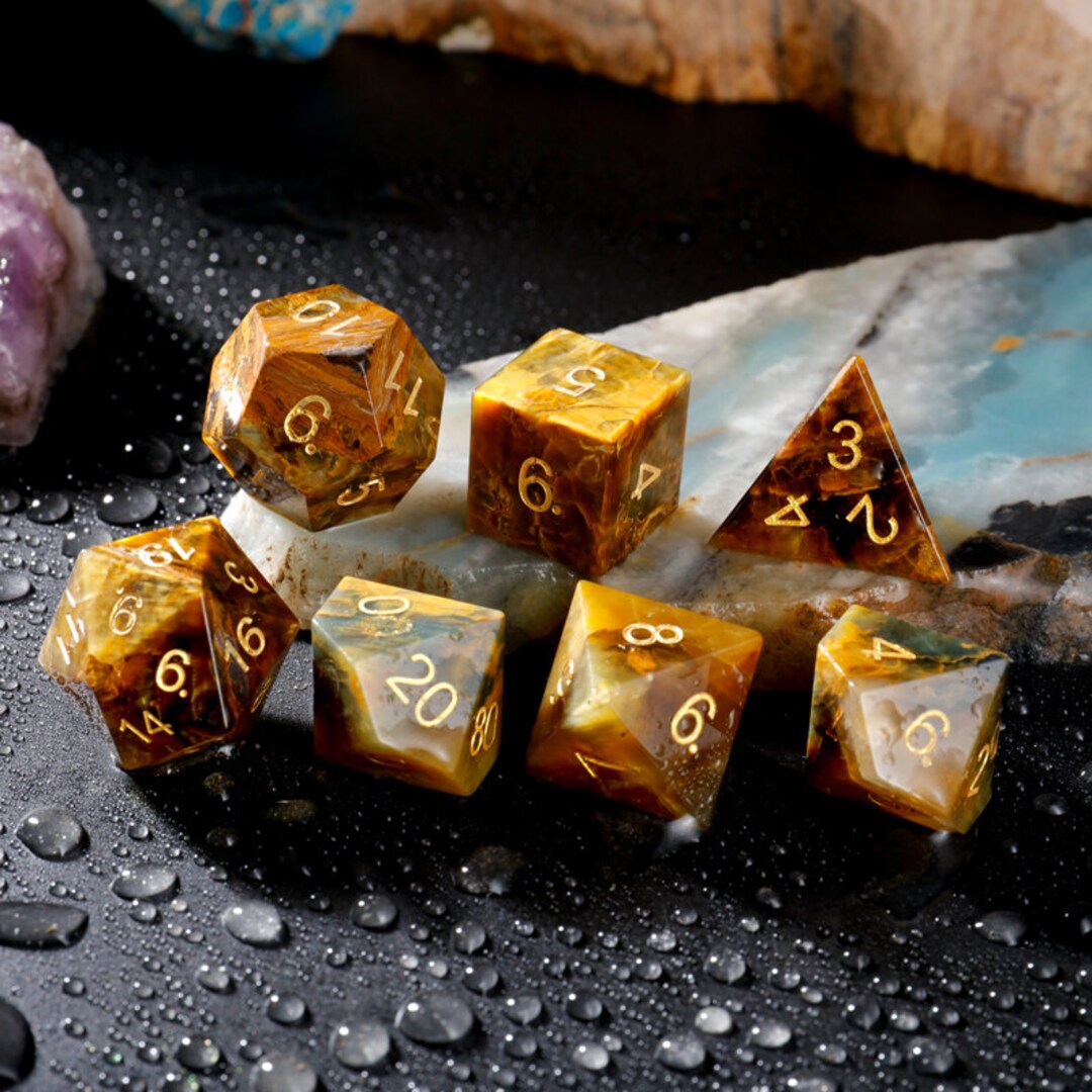 DND Hand Carved Polyhedral Gemstone Dice Set with Box Natural