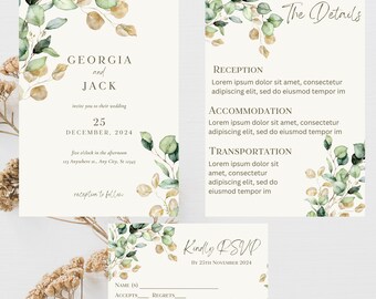 Eucalypt Wedding Invitation Template | Printable Wedding Invite | Editable Wedding Invite | Greenery Wedding Invite | Wedding Invite Set