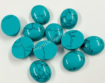 May include: Ten oval turquoise cabochons with a blue-green colour and brown veining. The cabochons are smooth and polished.