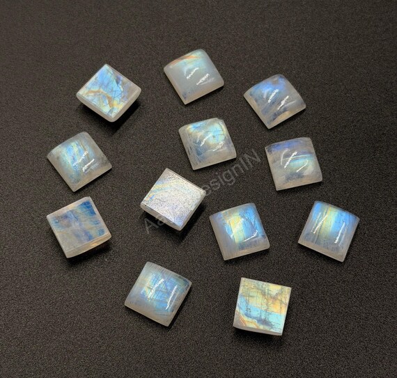 Natural Rainbow Moonstone Square Cabochon Blue Flash Moonstone Loose Gemstone For Jewelry 3mm-15mm