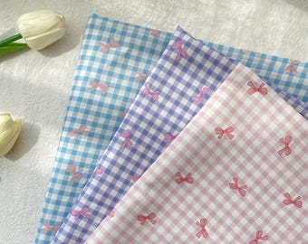 Bow Plaid Cotton Fabric,Quilting Fabric,Cotton Fabric,Plaid Fabric,Printed Fabric,Dress Fabric,Soft Fabric,Blue Fabric,Fabric By 1/2 Yard