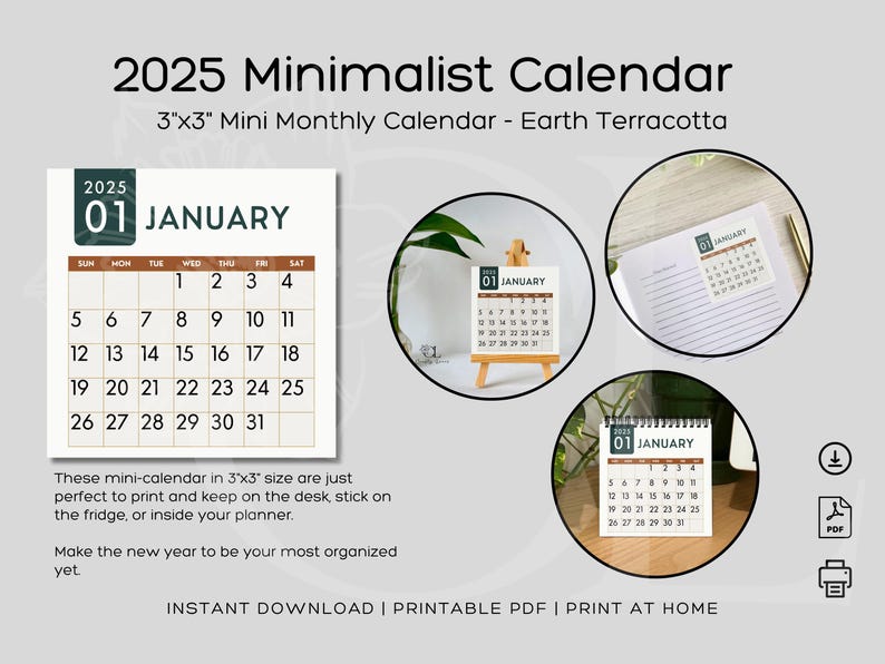 2025 Calendar Printable Earth Terracotta 3x3 Monthly Calendar Desk ...