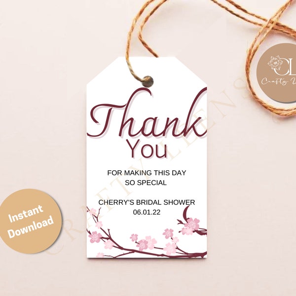 Editable Thank You Tags, Gift Tags Sakura  Wedding Favor Tags, Baby shower, Bridal shower, Editable Tag, Cherry Blossom, Instant Download