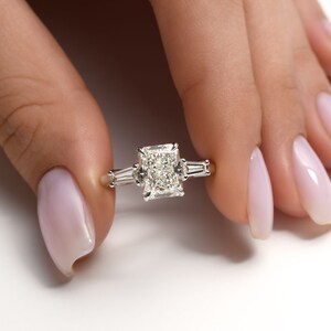 3ct Lab Grown Radiant Cut Engagement Ring in Three Stone Setting with Tapered Baguettes