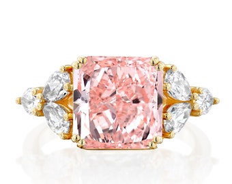Lab Intense Baby Pink Diamond Squared Radiant Engagement Ring with side Pears