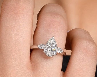 2ct Pear Cut Lab Diamond with Pear Side Stones Three Stone Engagement Ring