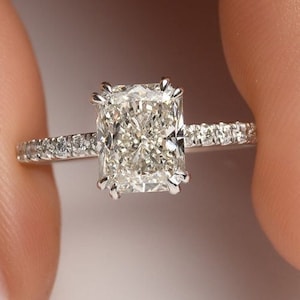 Radiant Cut Lab Diamond Elongated 4 Split Prong Pave Engagement Ring