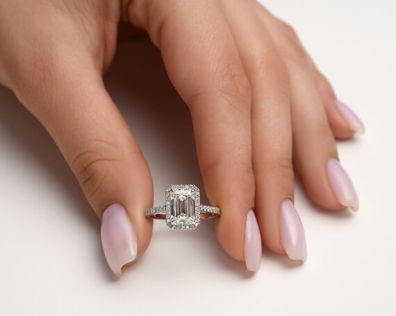 2.4 Ct Emerald Cut Diamond Ring Paved White Gold Engagement