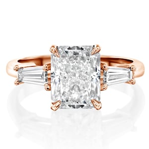 Lab Grown Radiant Cut Engagement Ring in Three Stone Setting with Tapered Baguettes