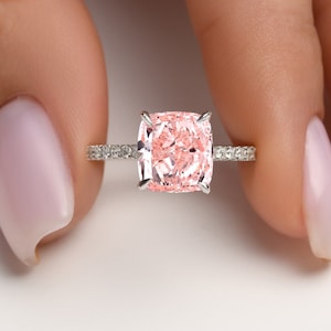 Fancy Pink Diamond Lab Created Cushion Cut Pave Engagement Ring