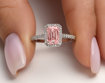 1 Ct Pink Lab Diamond Emerald Cut Halo Ring for Women