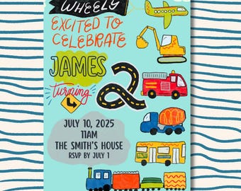 Editable 2nd Birthday Invitation | Illustrated Hand-Drawn Cars, Trucks, Trains, Transportation, Construction, Firetruck, Airplane Party