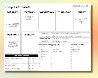 Agenda familial hebdomadaire imprimable | PDF modifiable | Modèle d'horaire familial esthétique | Agenda hebdomadaire non daté | Téléchargement instantané