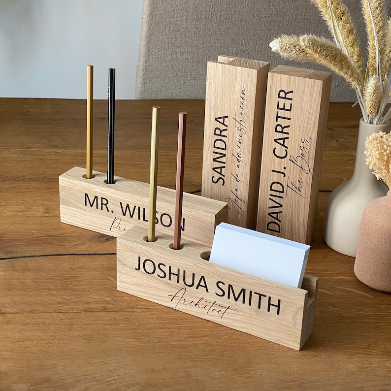 Wood Business Card Holder, Personalized Desk Name Plate, Wood Desk Organizer, Desk Name Plates, Custom Name Plaque, Wooden Office Gift image 2