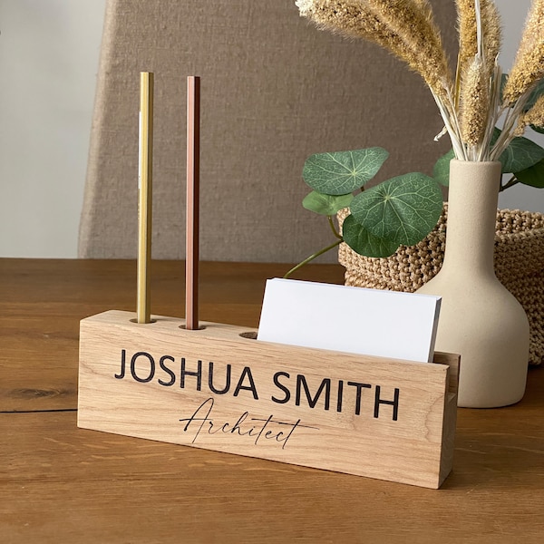 Wood Business Card Holder, Personalized Desk Name Plate, Wood Desk Organizer, Desk Name Plates, Custom Name Plaque, Wooden Office Gift