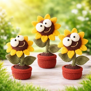 Patrón de girasol a crochet en PDF, flor amigurumi en maceta, lindo girasol sonriente de peluche, ideal para principiantes, regalo hecho a mano, descarga instantánea.