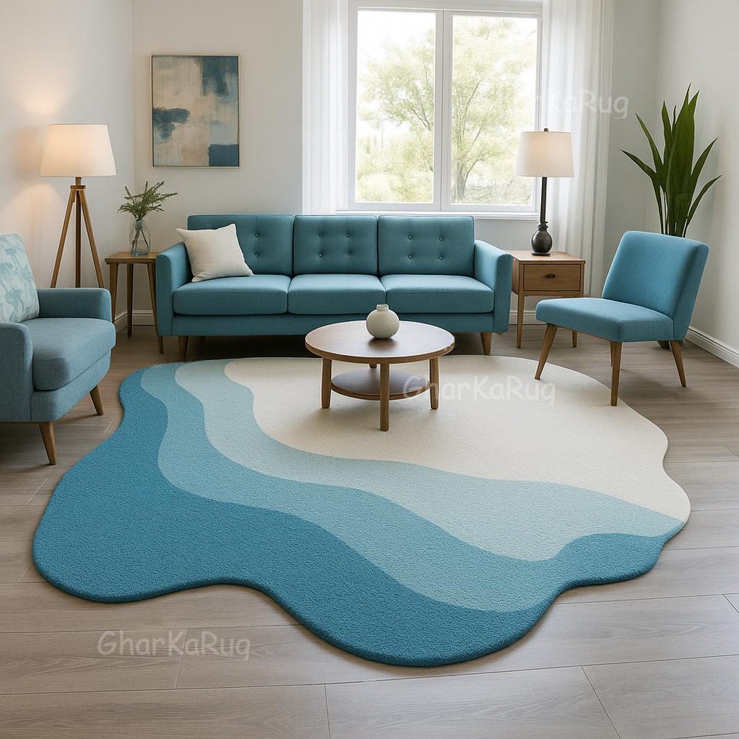 9x12 Blue Ocean Wave Rug – Irregular Shape Gradient Carpet for Living ...