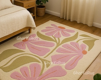 Pink Flower Handmade Rug | Tufted Floral Wool Carpet for Bedroom, Nursery, or Living Room | Soft Cottagecore Area Rug | Pastel Garden Decor