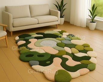Hand Tufted Green Moss Abstract Rug | Modern Irregular Shape Carpet | Nature Inspired Artistic Area Rug for Living Room | Cozy Boho Décor
