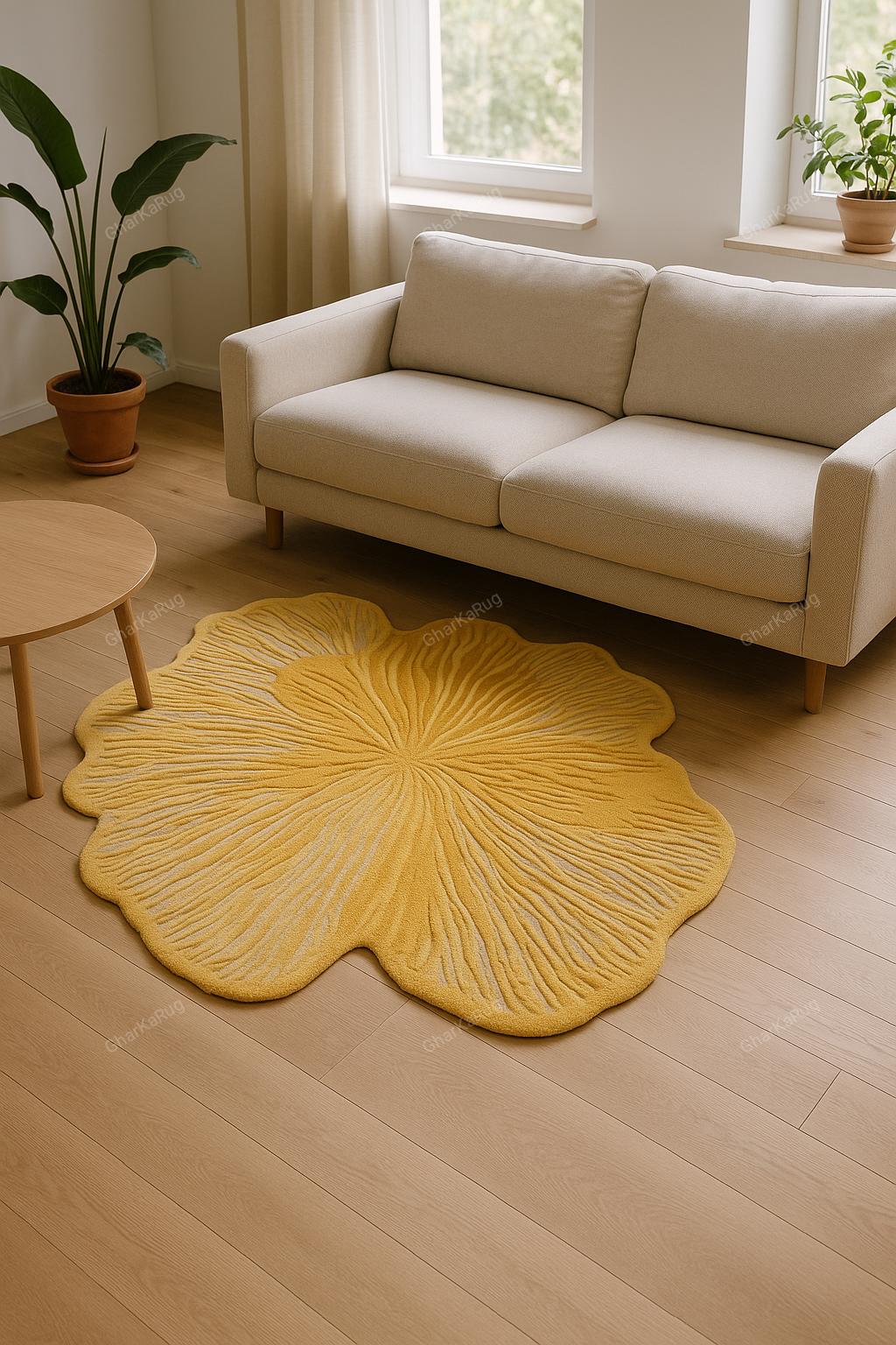Yellow Flower Rug – Hand Tufted Modern Petal Area Rug – Bright Textured Floral Carpet for Living Room or Kids Bedroom handmade rug 9x12 rug