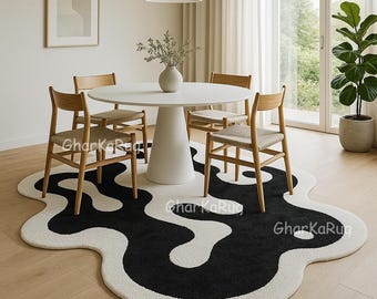 Black & White Irregular Rug | Handmade Abstract Modern Wool Carpet | Wavy Blob Shape Dining Area Rug | Hand-Tufted Minimalist Statement Rug