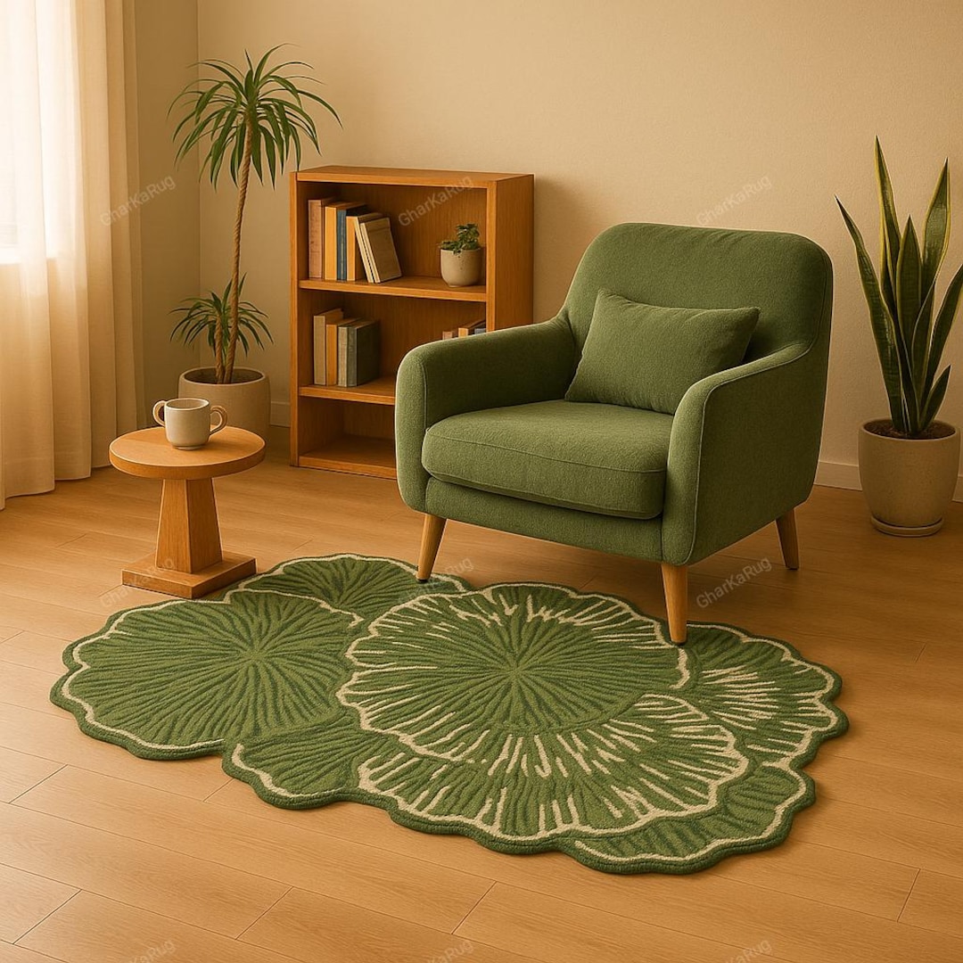 Green Leaf Shaped Rug – Hand Tufted Wool Carpet – Botanical Nature Area ...