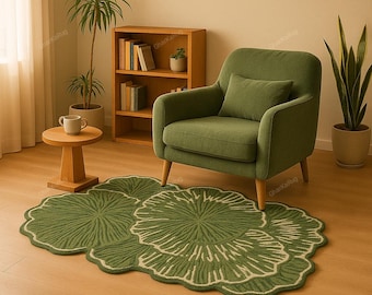 Green Leaf Shaped Rug – Hand Tufted Wool Carpet – Botanical Nature Area Rug for Reading Nook, Living Room or Bedroom Décor abstract 9x12 rug
