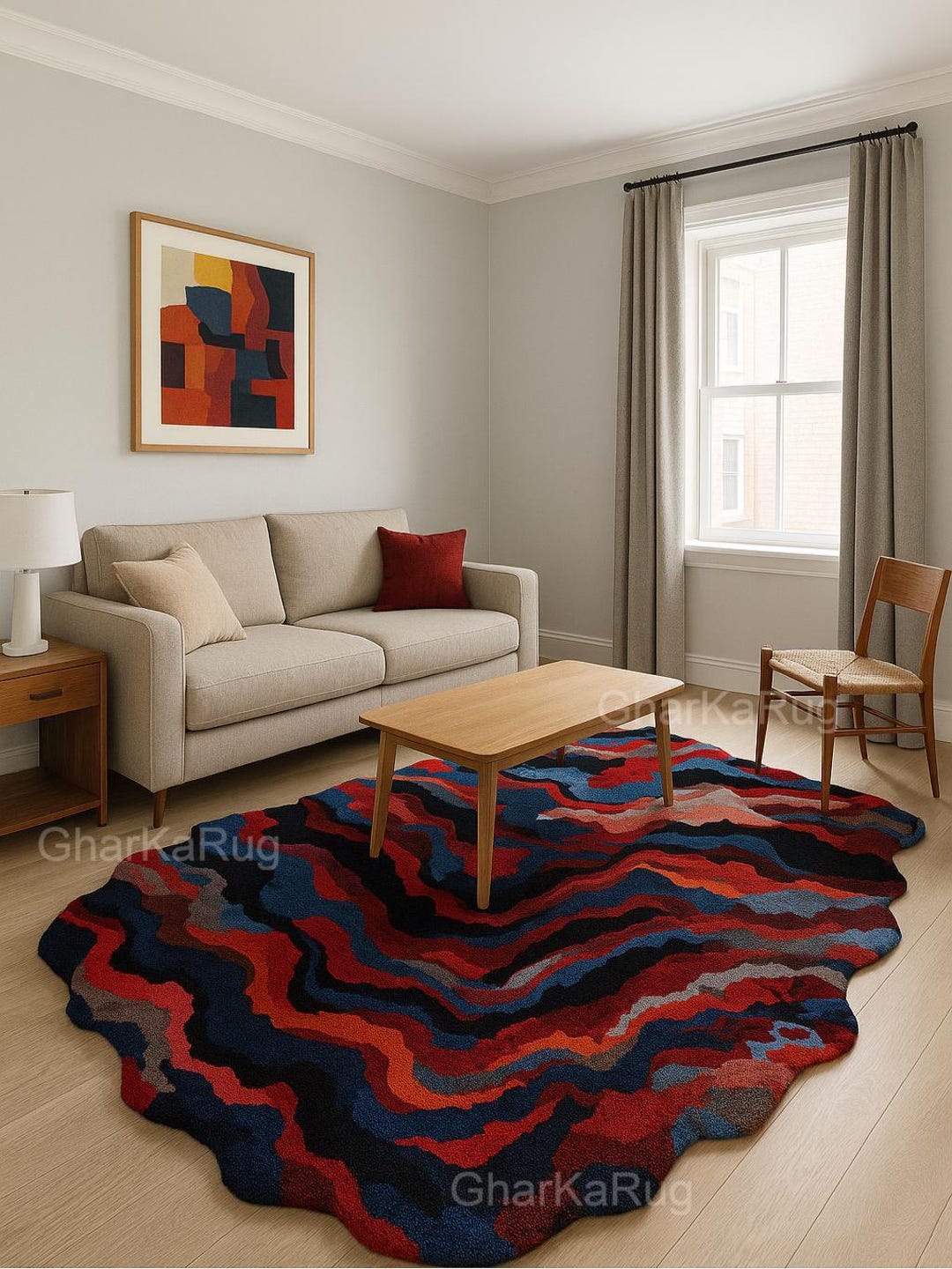 Red Wavy Rug Wavy Abstract Rug – Irregular Edge Multicolor Carpet – Modern Red Blue ...