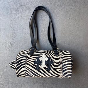 Zebra Print Pony Hair Shoulder Bag – Genuine Leather Barrel Bag