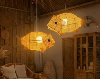 Fish rattan pendant light rustic lamp shade fish chandelier decor home