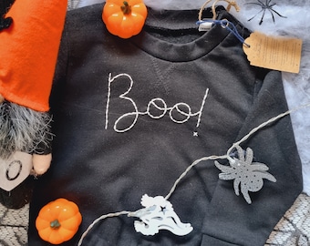Hand embroidered Halloween "Boo!" sweatshirt | recycled materials | baby jumper