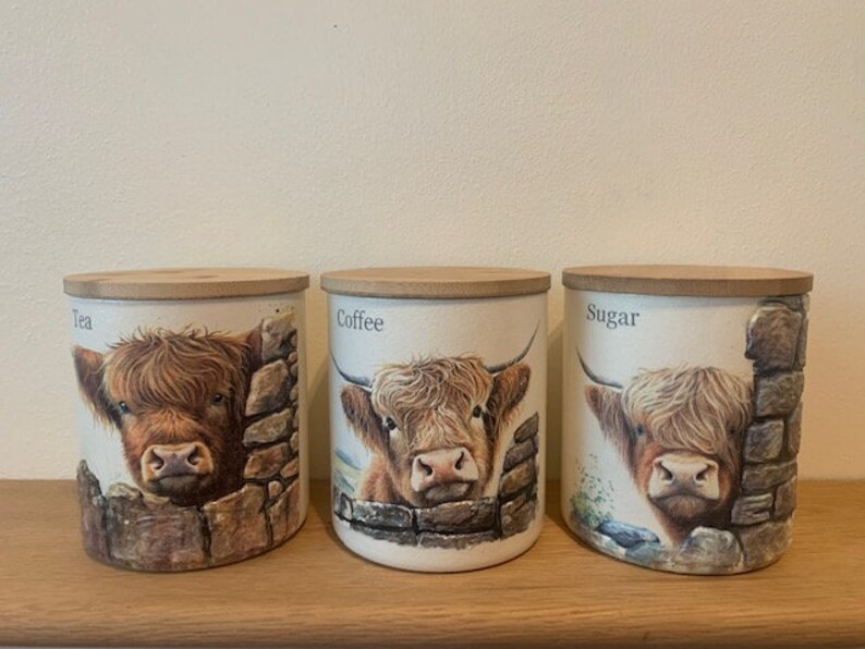 Unusual Tea Coffee Sugar Jars with Highland Cow Theme