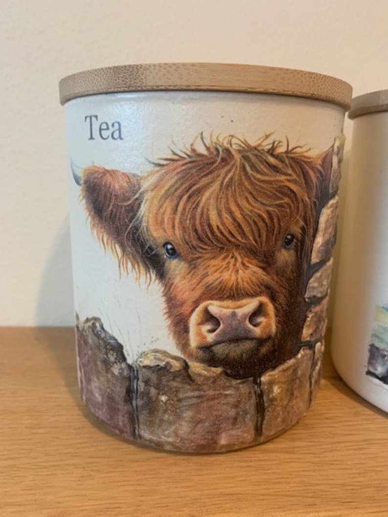 Unusual Tea Coffee Sugar Jars with Highland Cow Theme