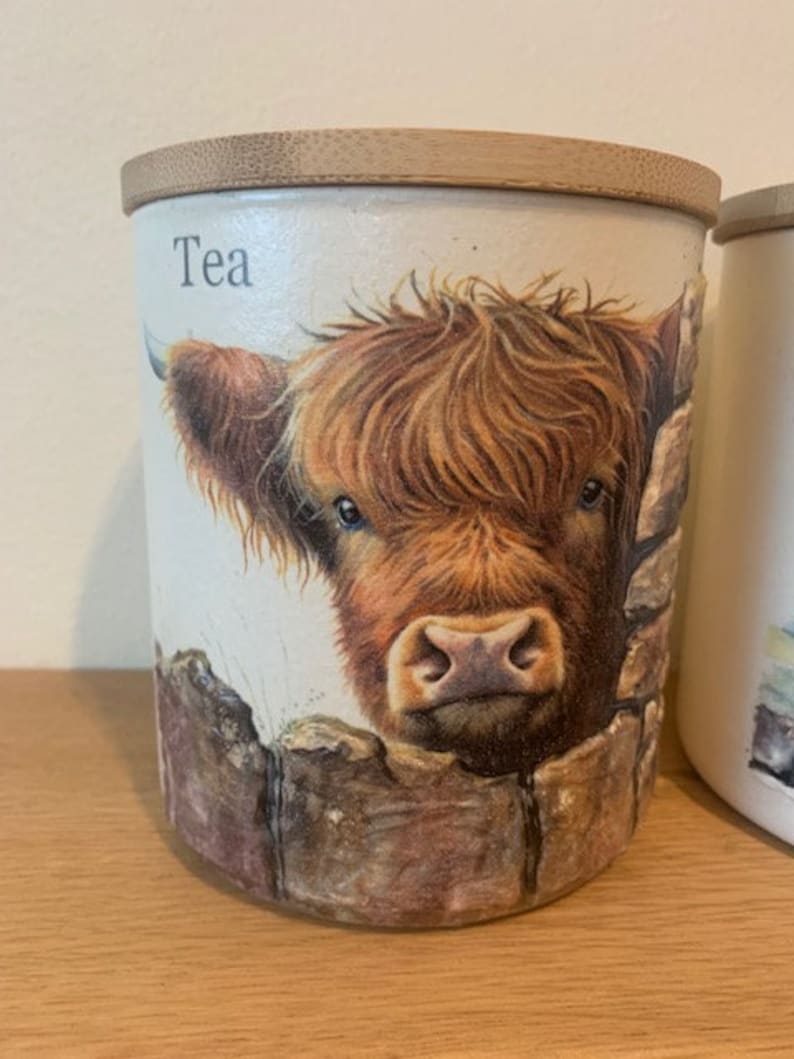 Unusual Tea Coffee Sugar Jars with Highland Cow Theme