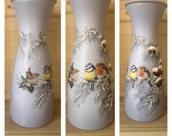 Decoupage Christmas Bird Vase - Blue