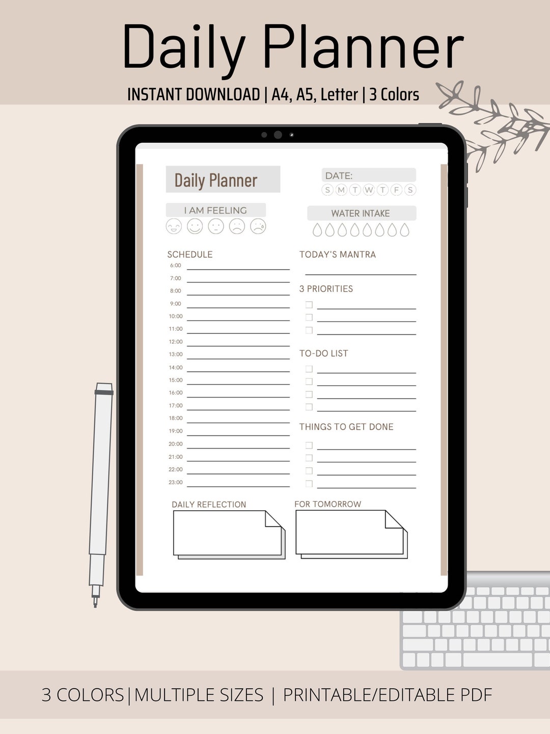 Simple Daily Log Printable & Fillable PDF Daily Planner Etsy