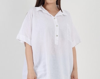 Italian Linen Blouse with Front Crochet Pocket, Linen Clothing