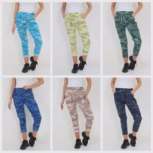 Italian Stretch Camo Pants, Made in Italy Camouflage Print Cotton Magic Trousers, Stretchy Joggers