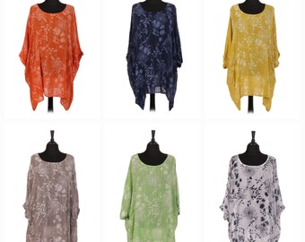 Floral Print Cotton Tunic Top: Italian Lagenlook, Batwing Sleeve Plus Size