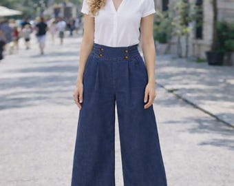 Italian Button Detail Denim Culottes , Italian Trousers