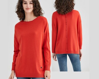 Ladies Back Button Panel Knitted Jumper With Diagonal Pockets
