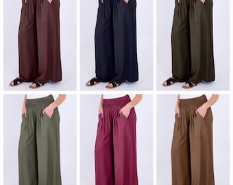Italian Smocked Elasticated Waist Plain Palazzo Trousers