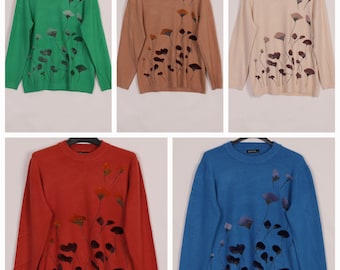 Floral Feather Pattern Knit Jumper, Cashmere Blend