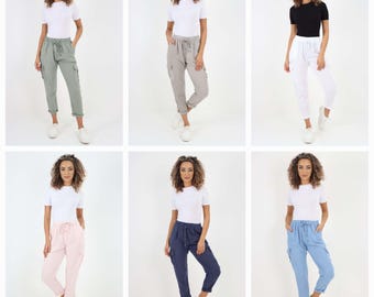 Italian Plain Linen Blend Side Pockets Loose Fit Cargo Pants
