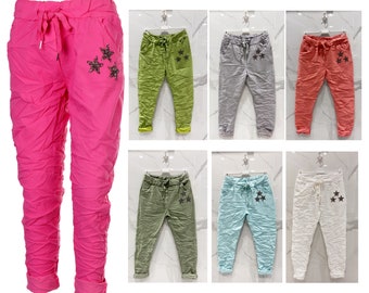 Italian Diamante Star Elasticated Magic Trousers Joggers, ladies magic pants, comfy trousers, Made in Italy