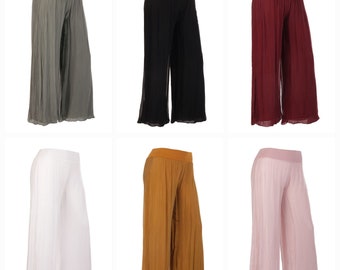 Italian Ladies Plain Two Layered Silk Wide Leg Palazzo Trousers Loose Wide Leg Pants