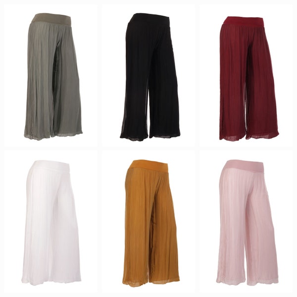 Italian Ladies Plain Two Layered Silk Wide Leg Palazzo Trousers Loose Wide Leg Pants