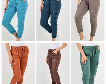 Ladies' Italian Stretch Plain Cargo Pants Women's Magic Trousers  Casual Joggers with Cargo Pockets